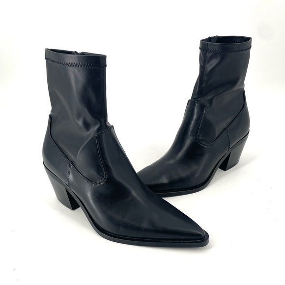 ZARA NEW Black Contemporary Leather Cowboy Heel Ankle Boots Point Toe Biker Boot - Picture 1 of 8